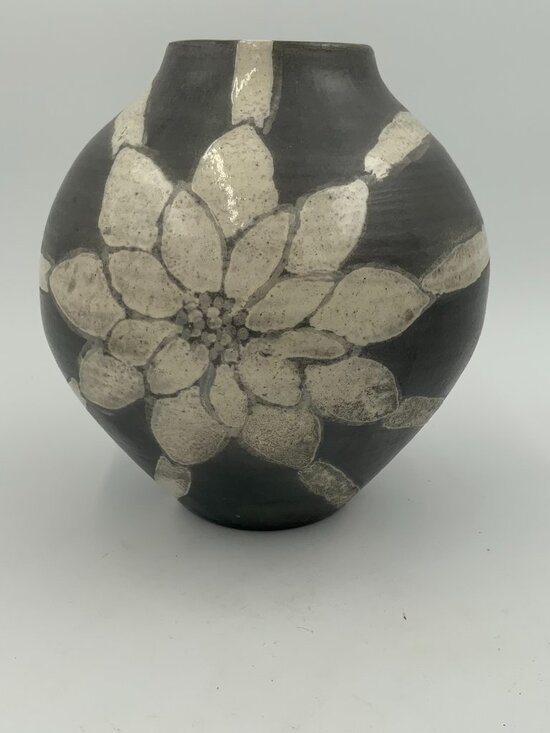 Handmade Other - Signed Original Black Stoneware Vase with White Florals